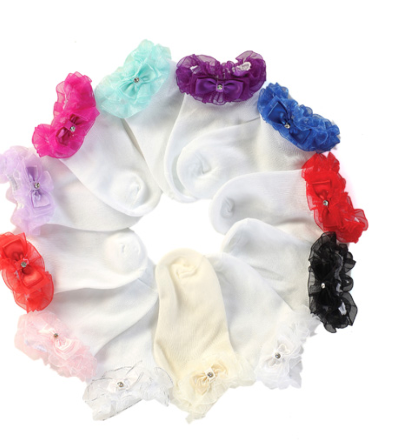 Tip Top Ruffle Rhinestone Bow Socks